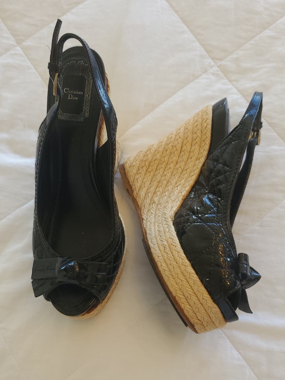 Dior Black Patent Leather Wedge Espadrilles with Bow